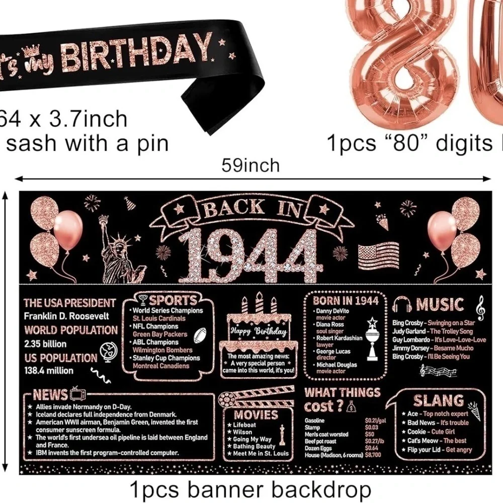 Born in‎ 1944 Birthday Banner; Black/Rose Gold; 59